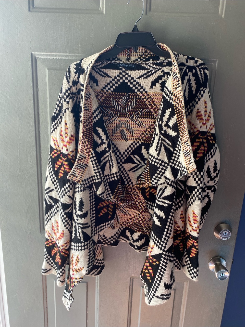 Ashley Blue 2X Aztec Print Open-Front Cardigan Sweater - Black & Cream